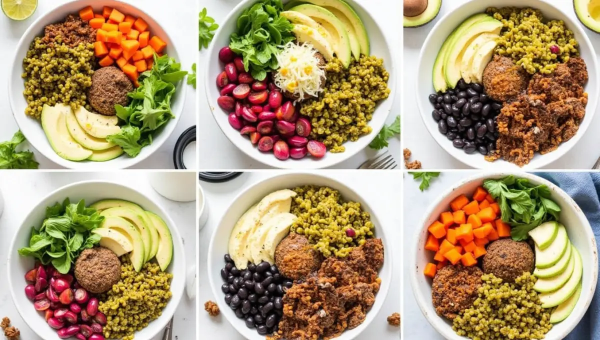10 Plant-Based Burger Bowls with lentils, quinoa, black beans, and roasted veggies
