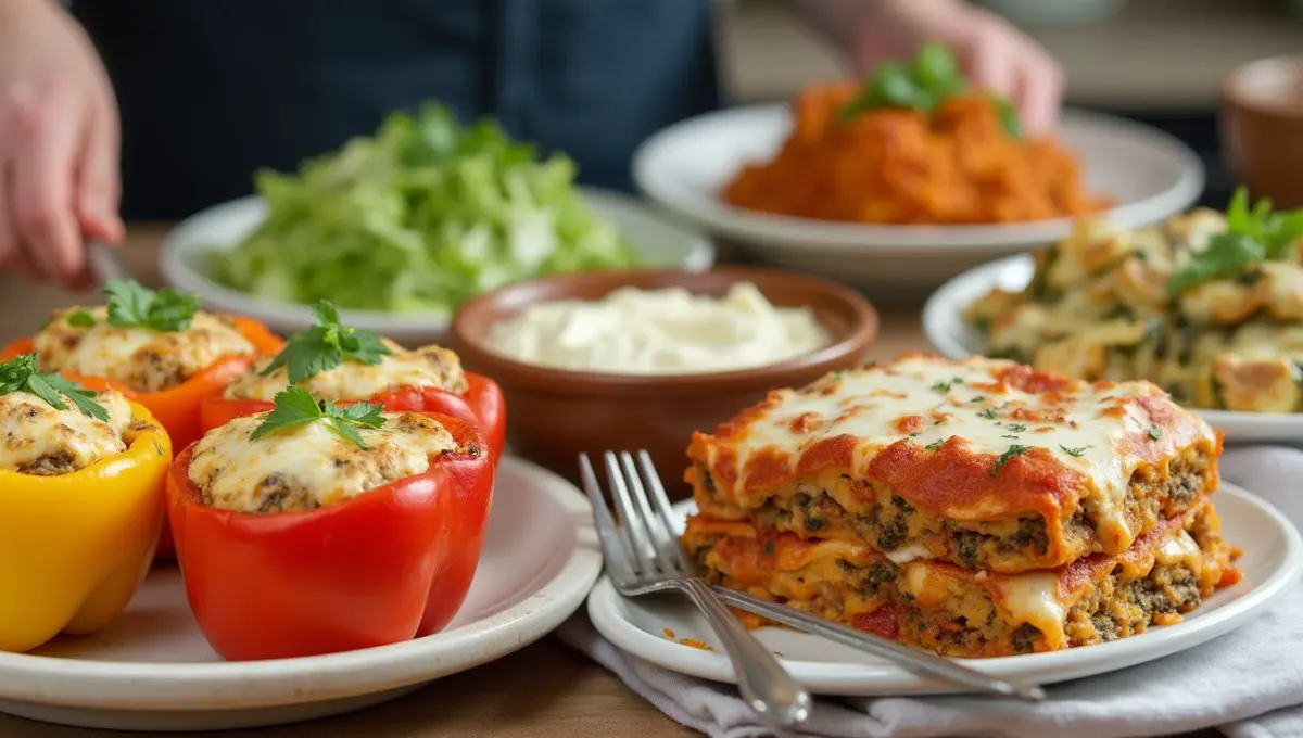 Vibrant plant-based dishes made with vegan cottage cheese, including stuffed peppers and lasagna
