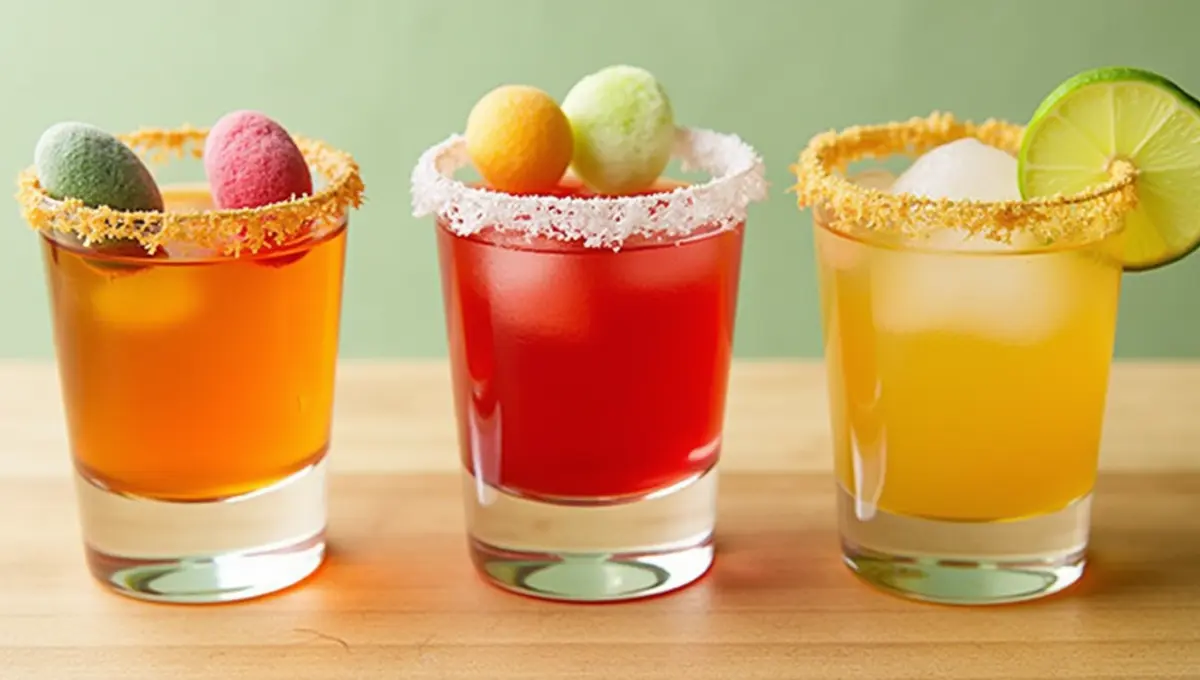 Three plant-based Mexican Candy Shots with vibrant colors and unique garnishes