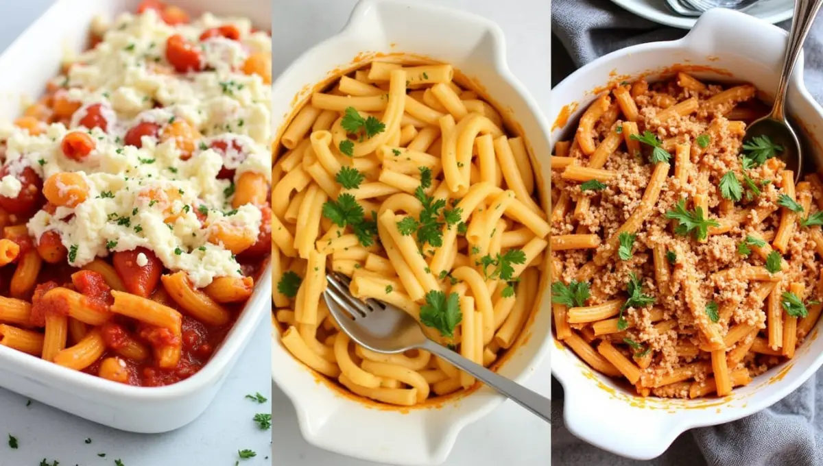 Three delicious vegan baked ziti recipes in separate dishes