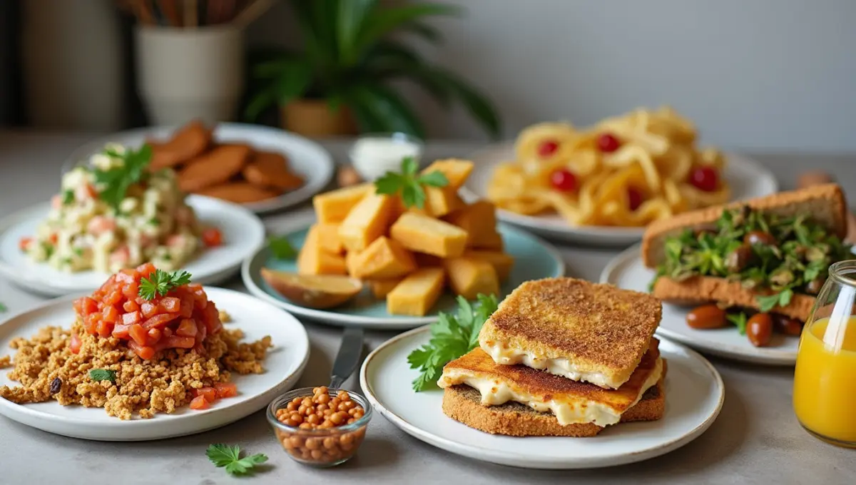 Plant-based fish food recipes including crispy tofu fillets, jackfruit tuna salad, and banana blossom fish