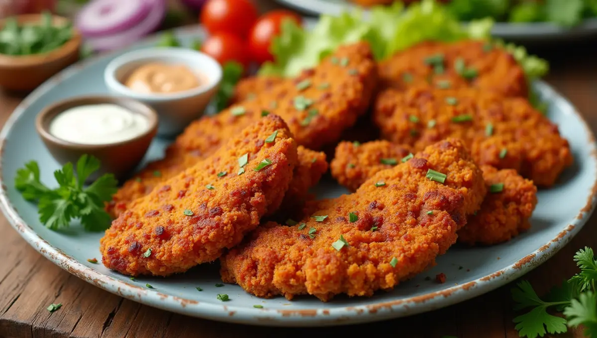Vegan spicy chicken tenders made from seitan, tofu, jackfruit, and tempeh with dipping sauces