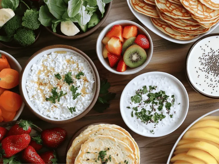 Healthy breakfast spread with cottage cheese, fresh fruits, vegetables, pancakes, and yogurt on a wooden table