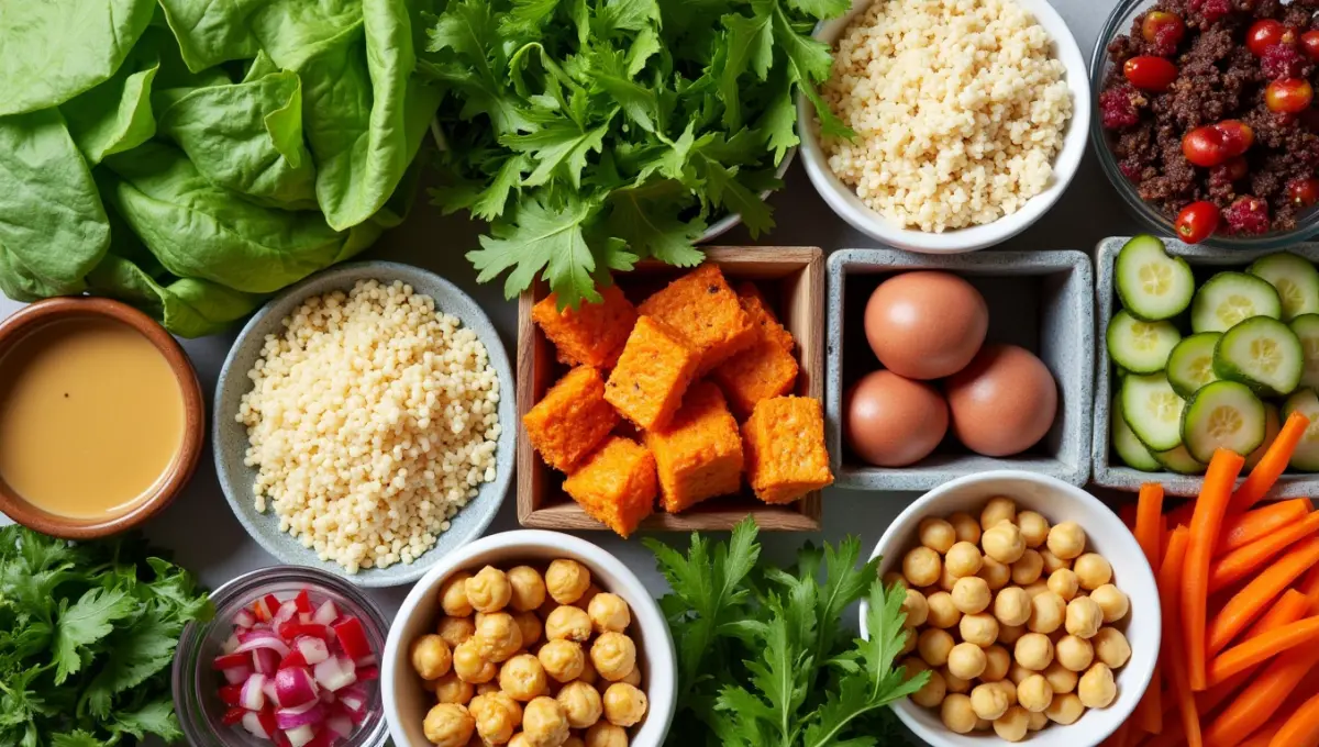 Fresh, vibrant ingredients for customizing a plant-based burger bowl, including greens, grains, and plant-based proteins.