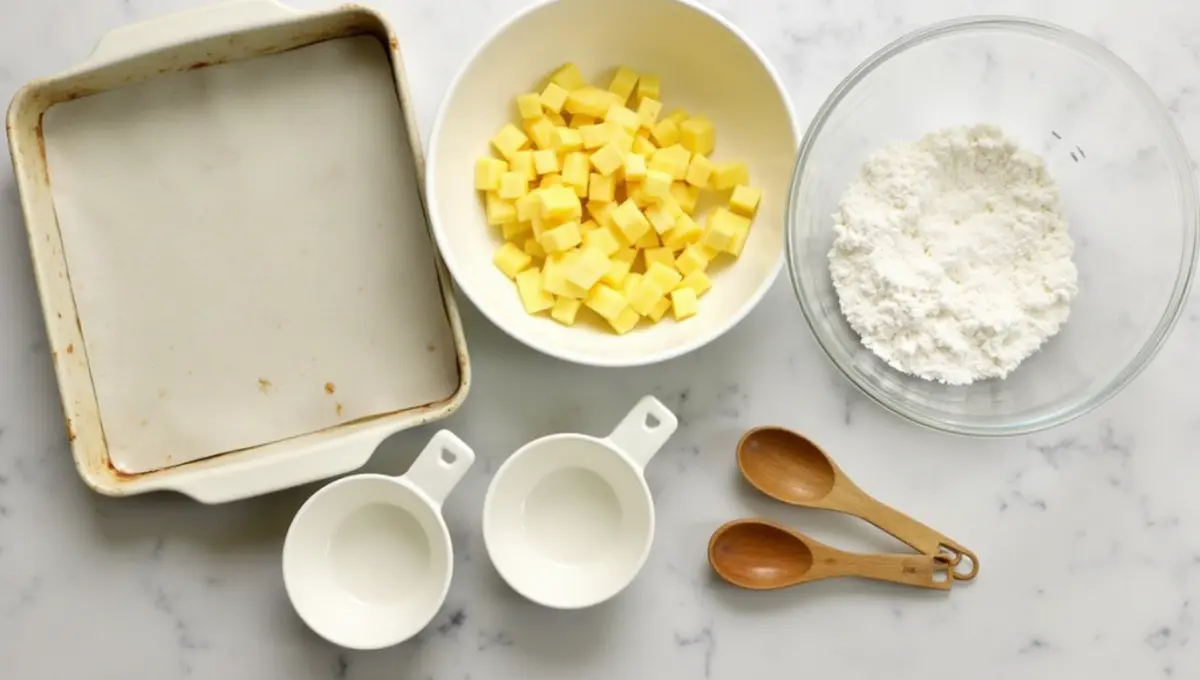 Kitchen equipment for vegan pineapple casserole including mixing bowls, measuring cups