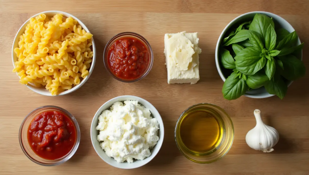 Ingredients for Vegan Baked Ziti - pasta, tofu ricotta, vegan mozzarella