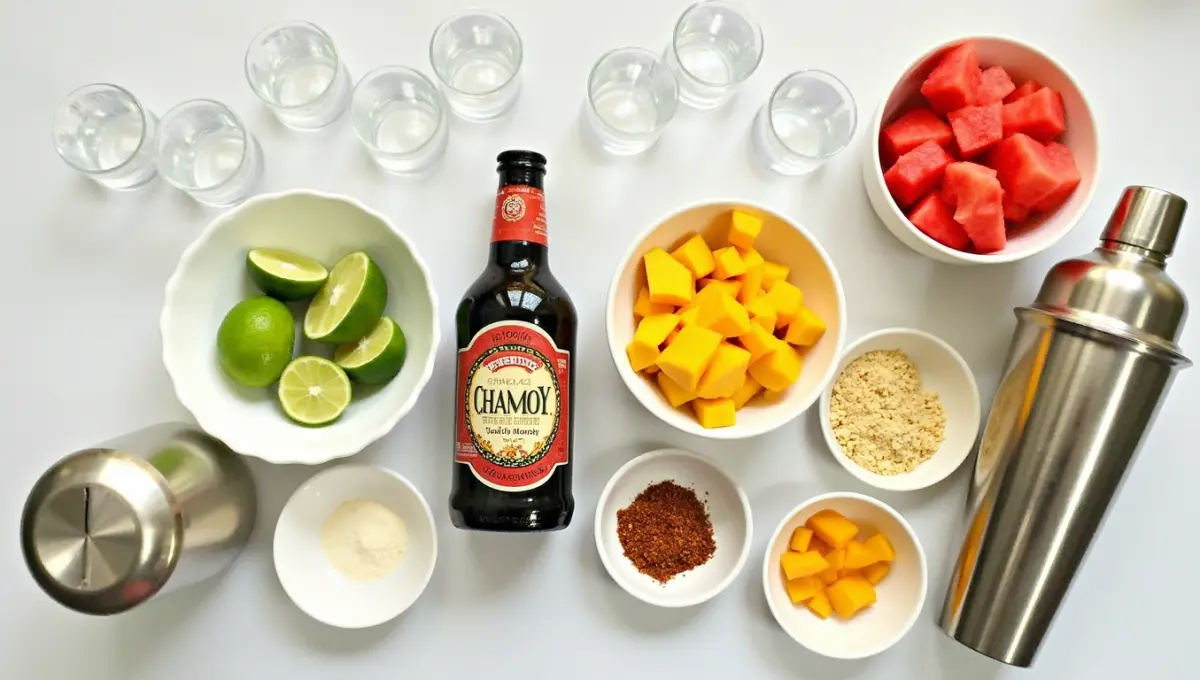Tools and ingredients for Mexican Candy Shot Recipe including lime, Tajín, and vegan chamoy