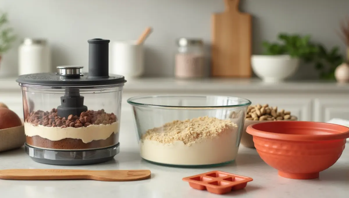Dubai Chocolate Bars kitchen tools including food processor, mold, and mixing bowl