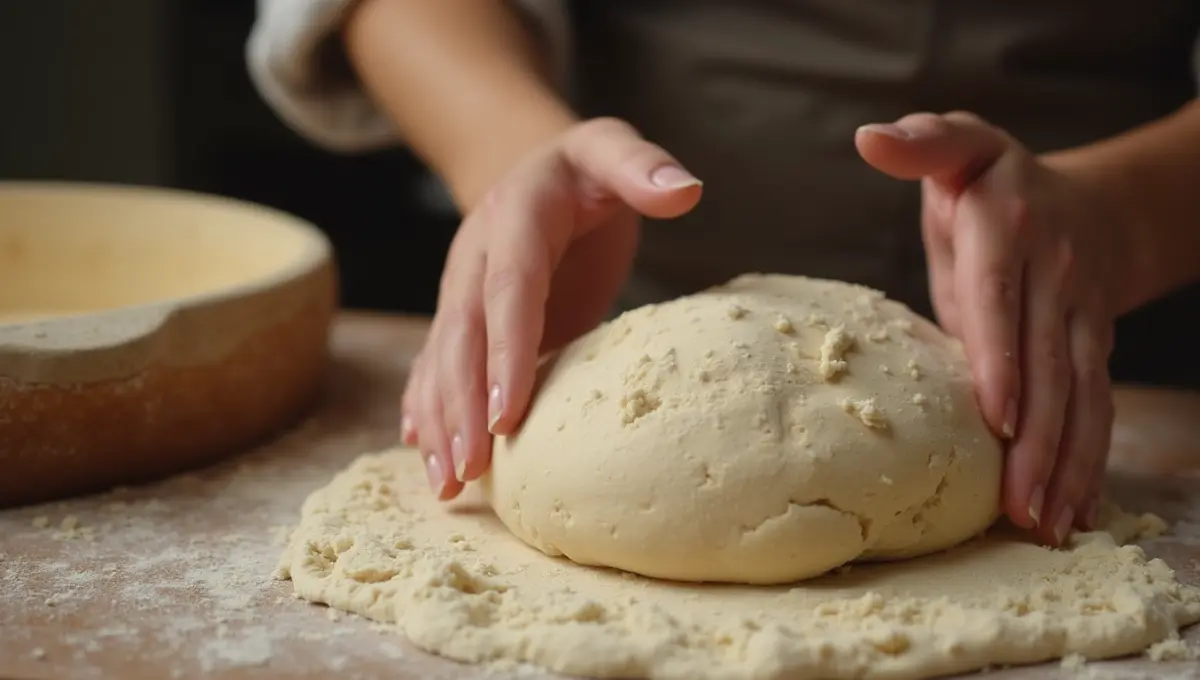 Hands shaping vegan sourdough bread dough with baking tools