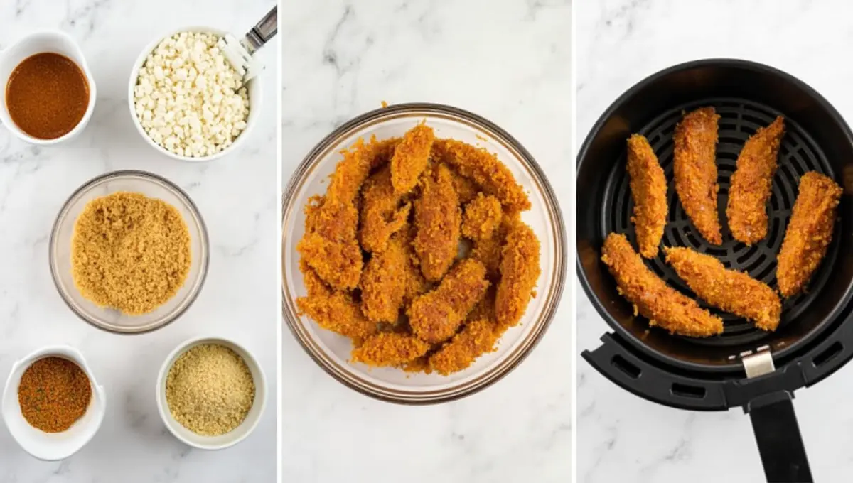 Preparing crispy vegan spicy chicken tenders with seitan and tofu in an air fryer