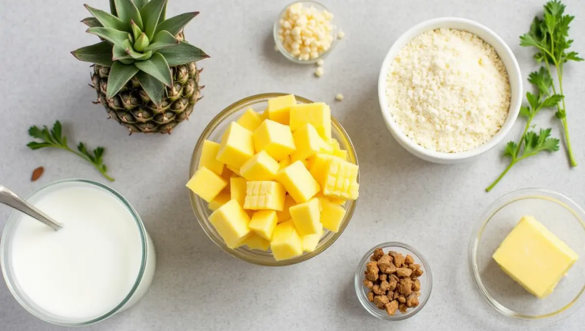 Vegan Pineapple Casserole ingredients, including pineapple, breadcrumbs, vegan cheese