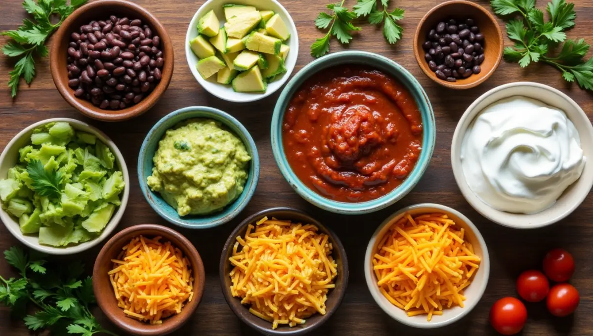 Ingredients for Vegan Taco Dip laid out on a wooden surface