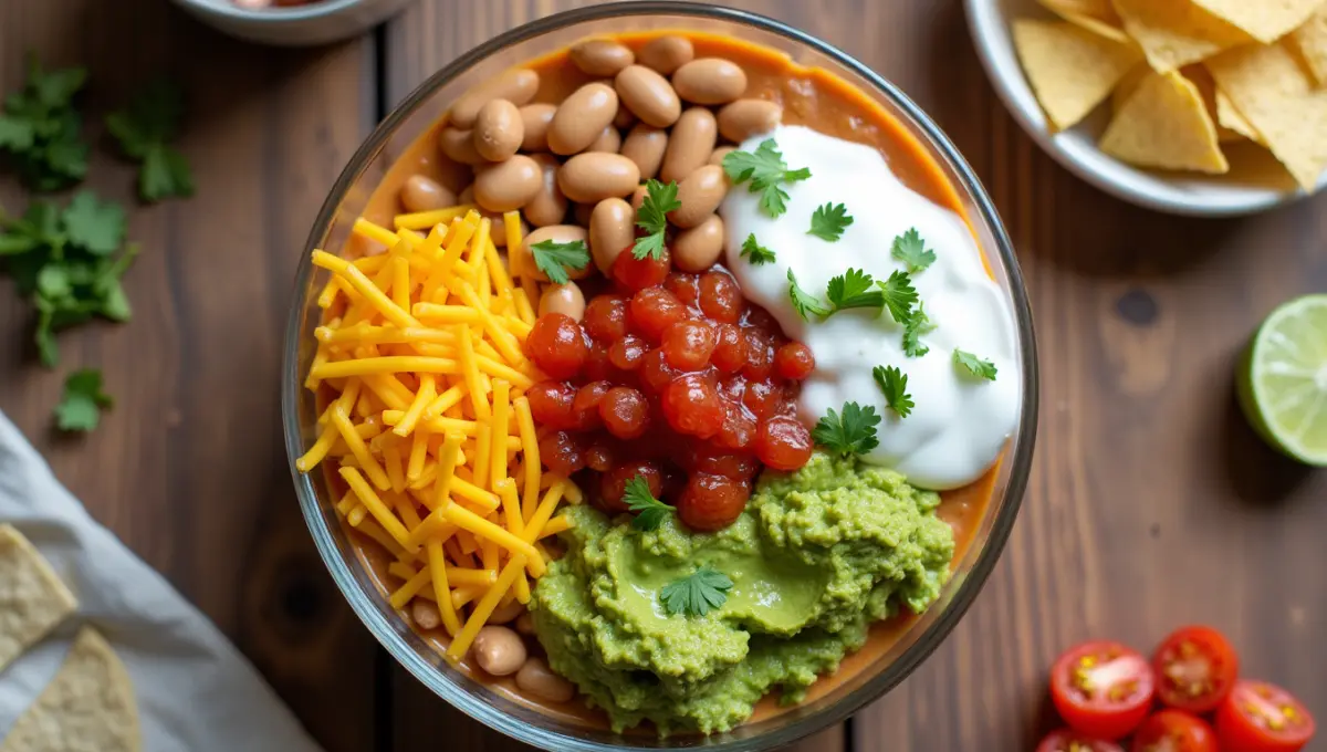 Vegan Taco Dip with visible layers of plant-based ingredients