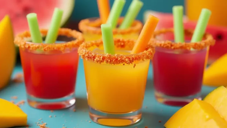 Mexican Candy Shot Recipe with spicy Tajín rims and vegan garnishes