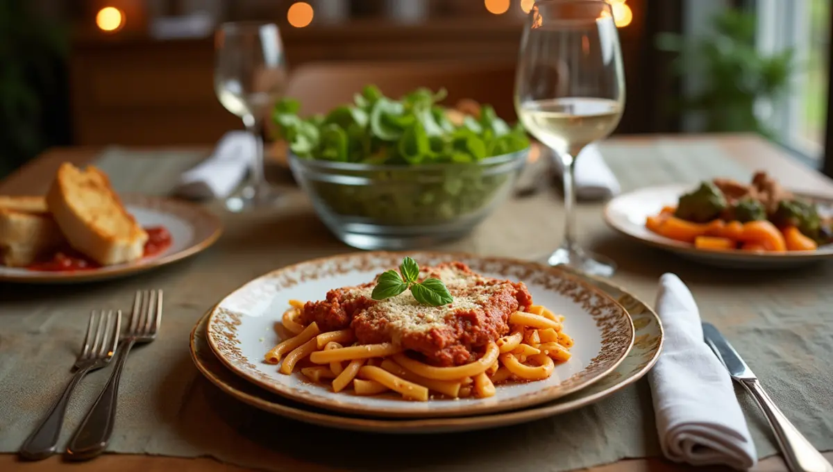Assembling Vegan Baked Ziti with layers of tofu ricotta and marinara sauce