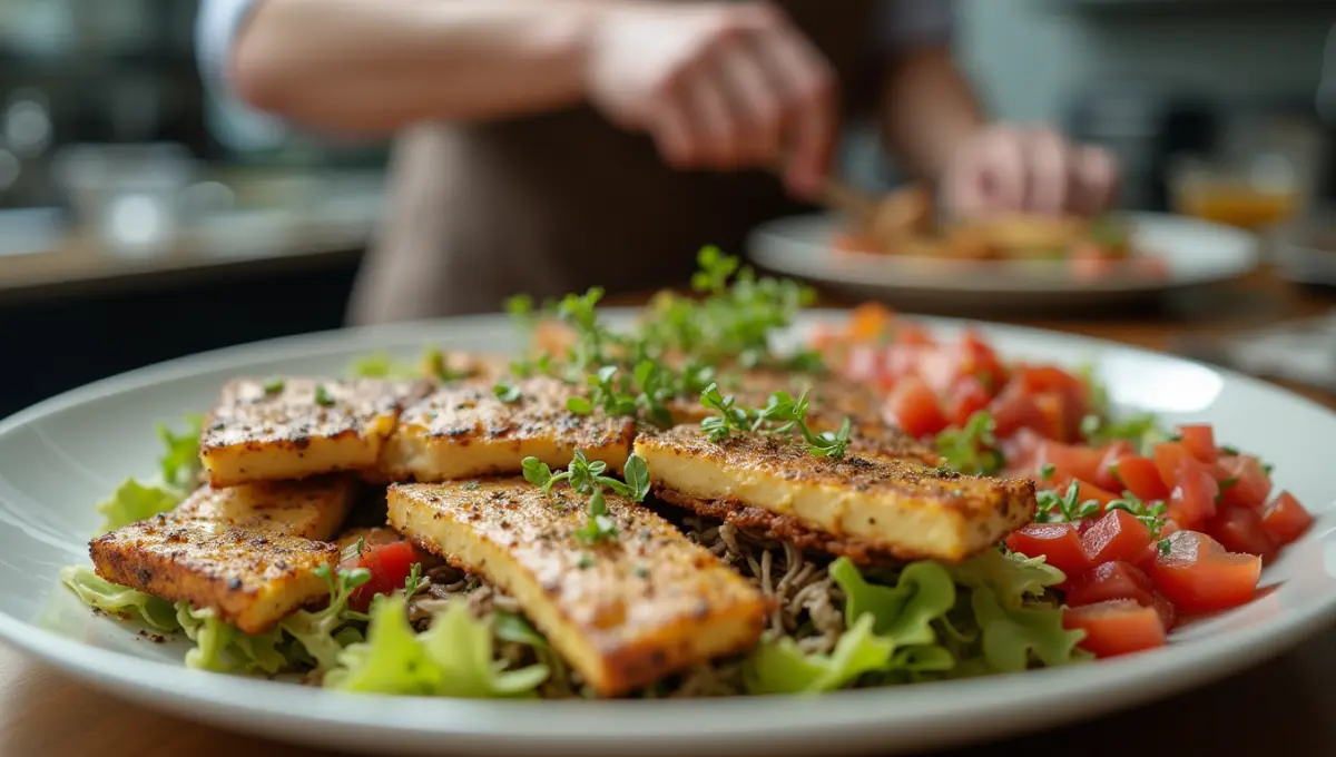 Cooking tips for plant-based fish food, including marinating tofu fillets and using seaweed seasonings