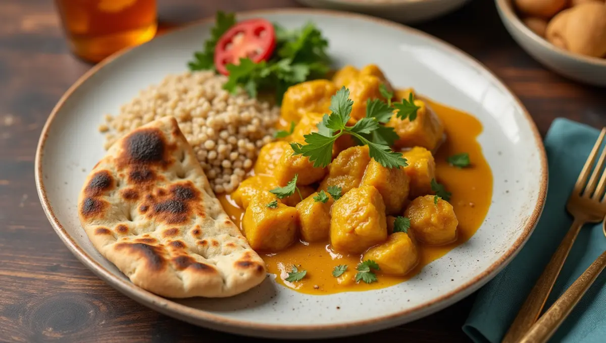 Golden curry served with quinoa, naan, and salad