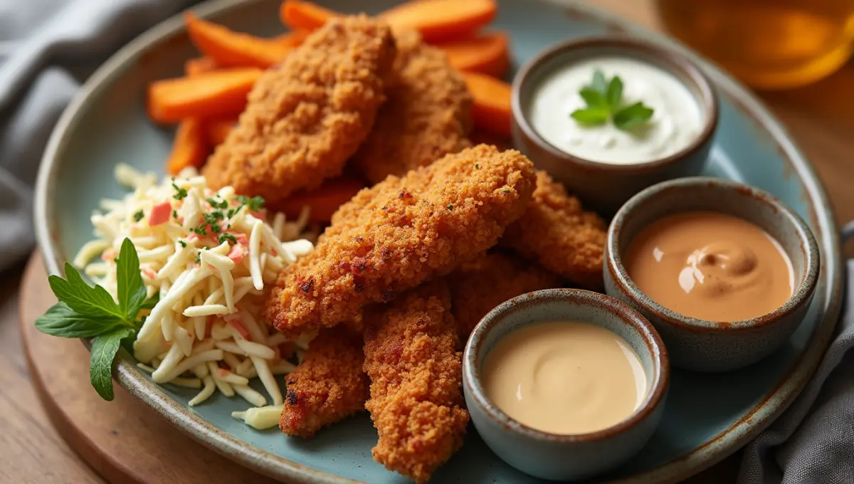 Vegan spicy chicken tenders with dipping sauces and side dishes like sweet potato fries and coleslaw