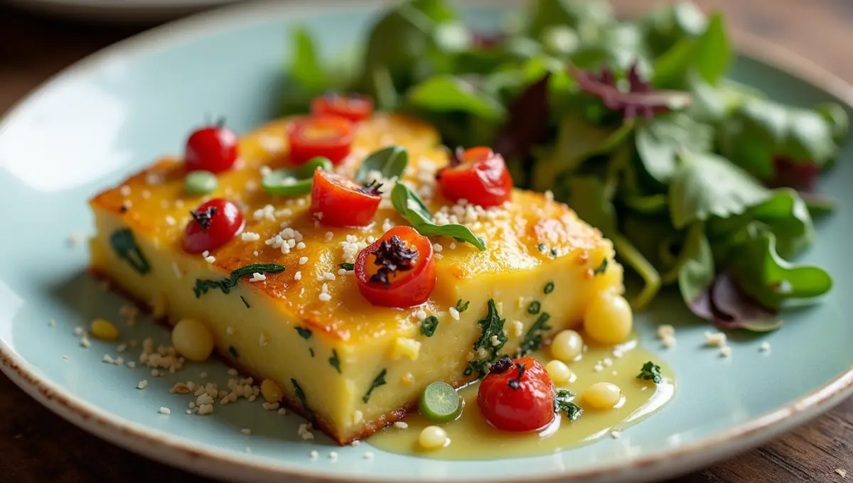 Vegan pineapple casserole served with leafy greens and plant-based protein