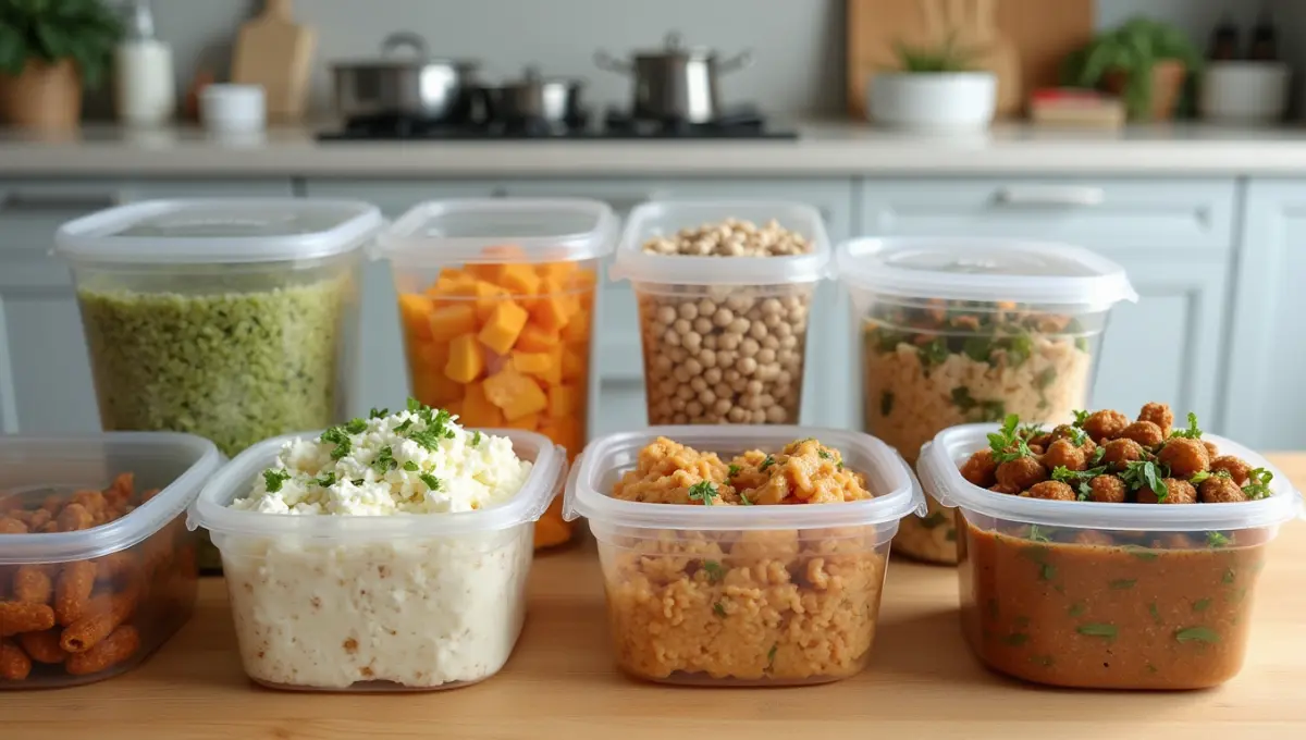 Meal prep containers filled with vegan cottage cheese dishes, labeled and stored