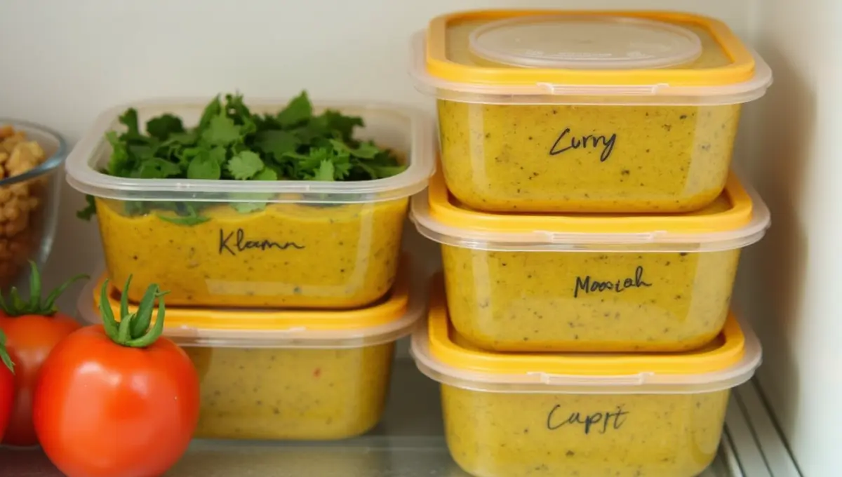 Golden curry meal prep containers in fridge