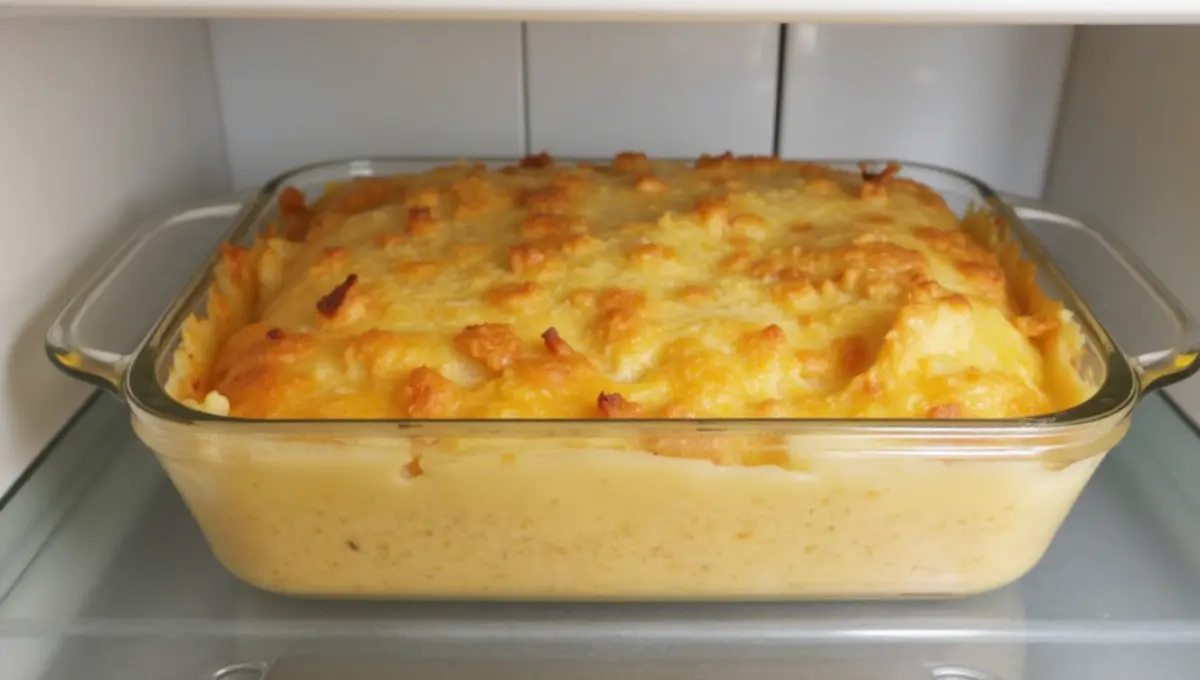 Vegan pineapple casserole stored in a container for refrigeration