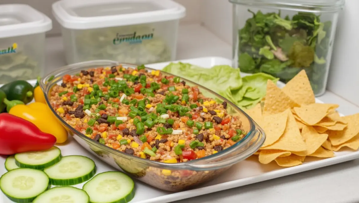 Vegan Taco Dip served with tortilla chips and fresh veggies, stored for later