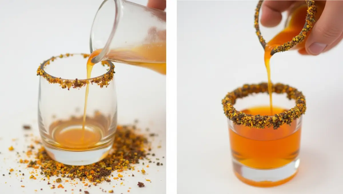 Rimming glasses with Tajín and chamoy for a vegan Mexican Candy Shot Recipe