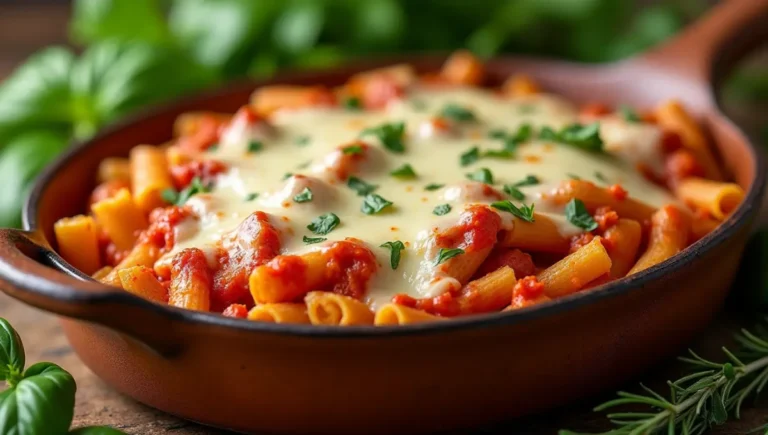 Vegan Baked Ziti in a casserole dish with melted cheese