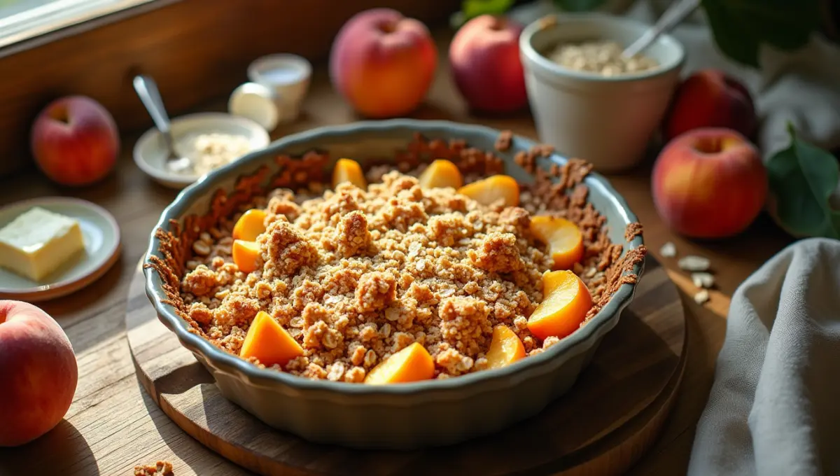 A freshly baked vegan peach crumble, bursting with juicy peaches and a golden oat topping, perfect for cozy fall evenings.