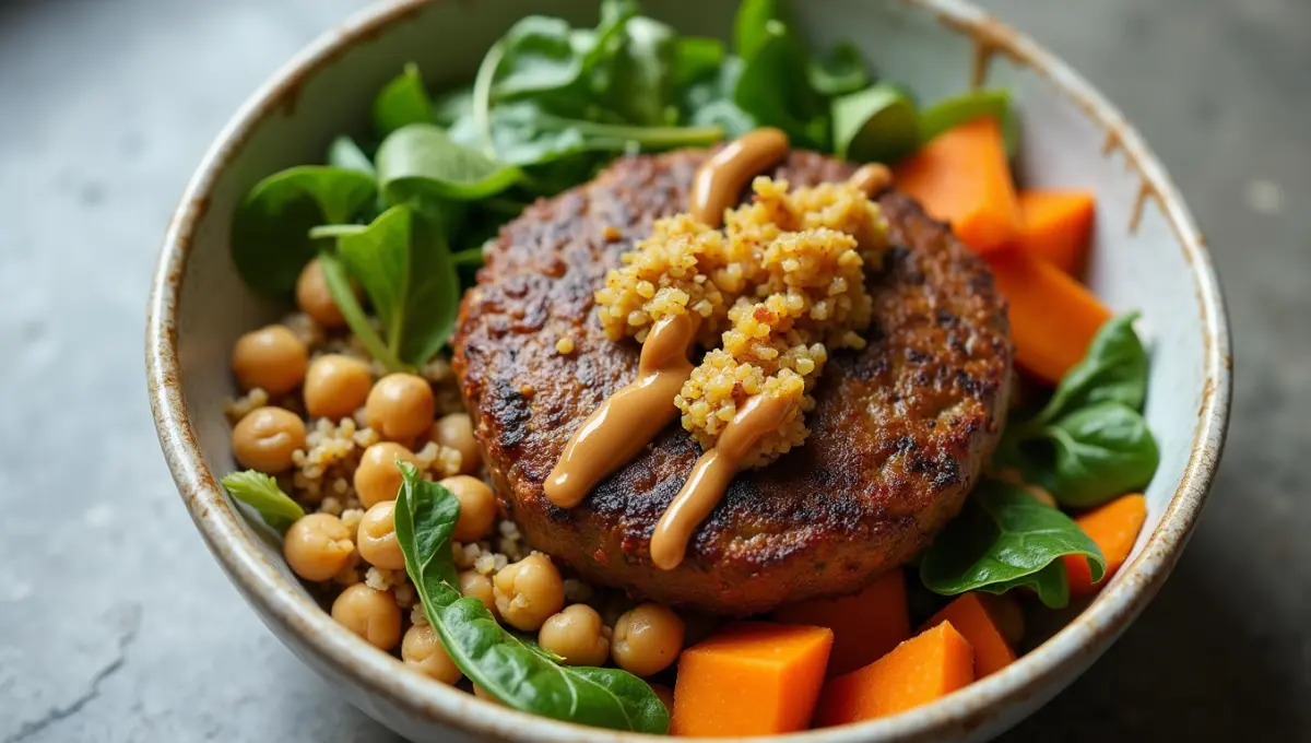 Plant-Based Burger Bowl with quinoa, roasted sweet potatoes, and tahini