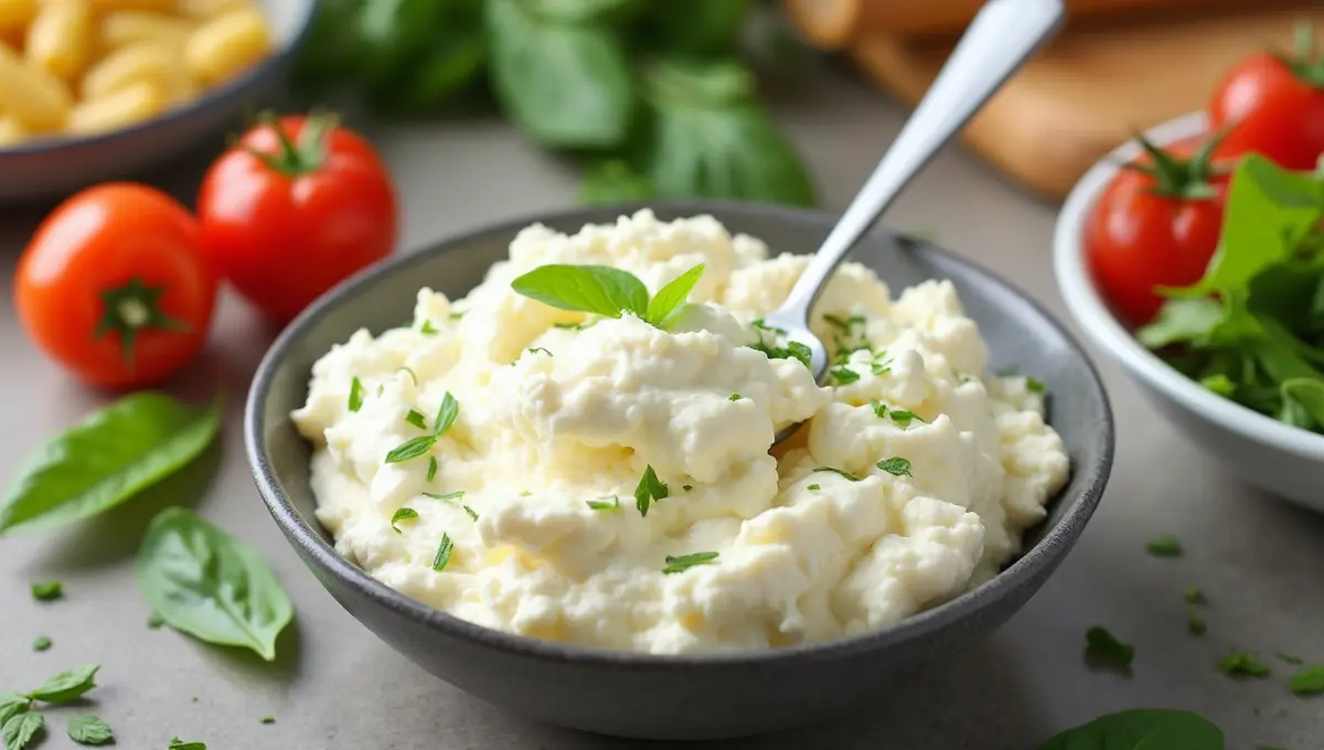 Bowl of creamy vegan cottage cheese with fresh vegetables and vegan dishes