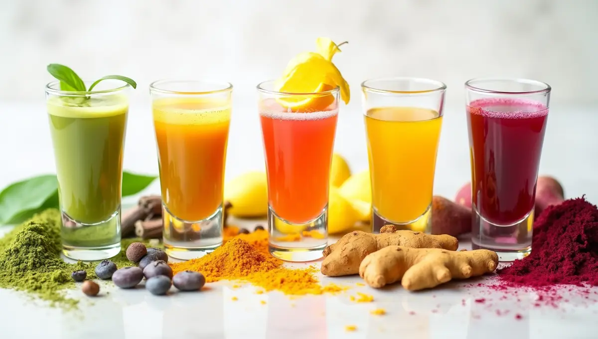 Five plant-based energy boosters including Matcha, Yerba Mate, Kombucha, Turmeric & Ginger, and Beetroot shots."