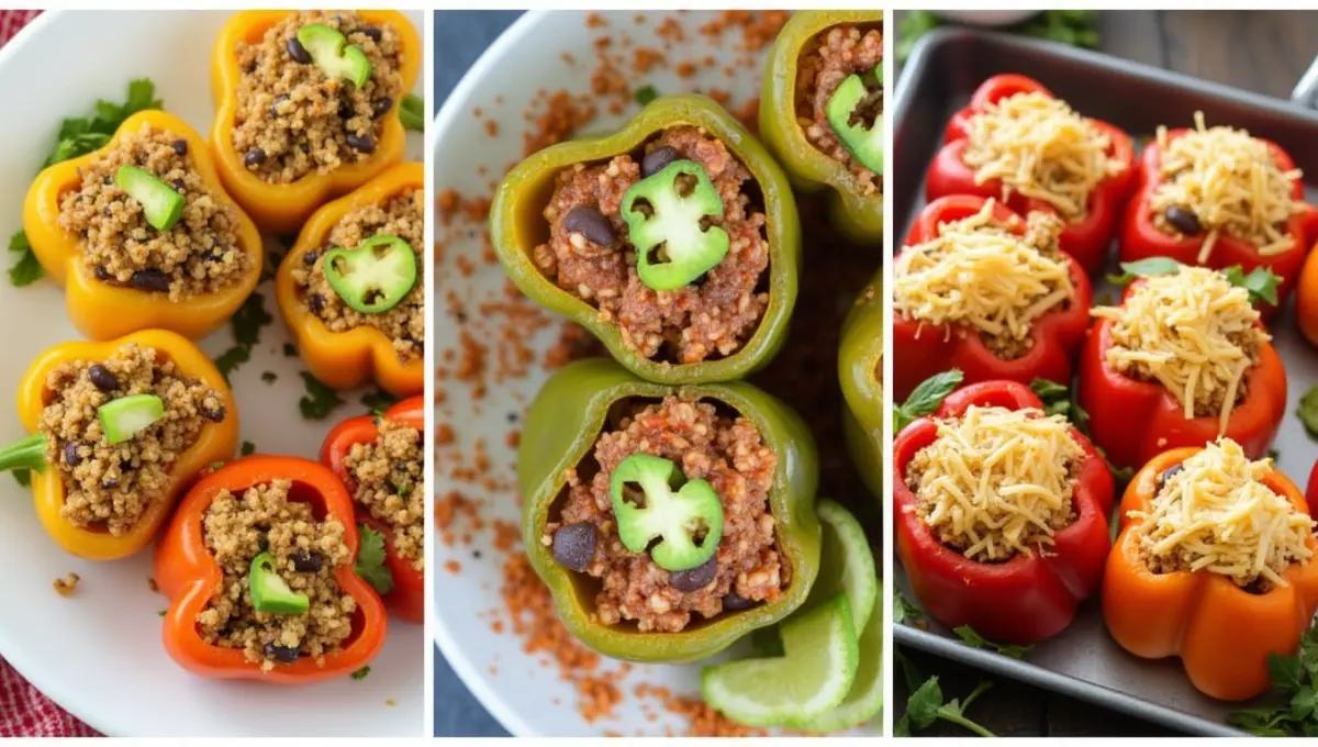 Various plant-based stuffed bell pepper variations including quinoa, black beans, and vegan cheese.