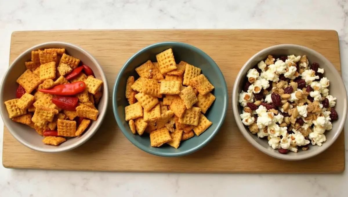 Bowls of Chex Mix variations including spicy and gluten-free options