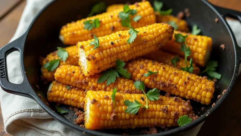Fried Corn served in a cast iron skillet with fresh herbs