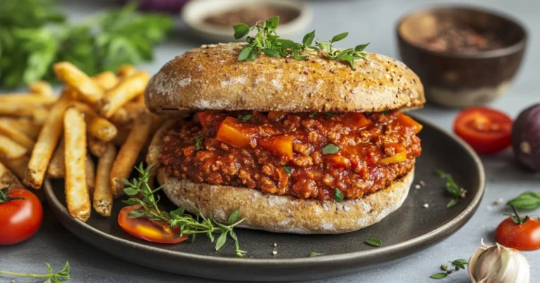 A vegan easy sloppy joe recipe with plant-based filling, served with fries and veggies.