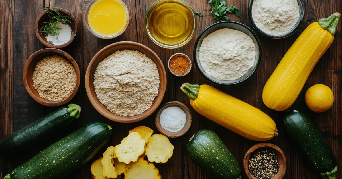 A flat-lay of fresh squash, flour, cornmeal, breadcrumbs, vegan buttermilk, flax egg, and seasonings on a rustic wooden surface.
