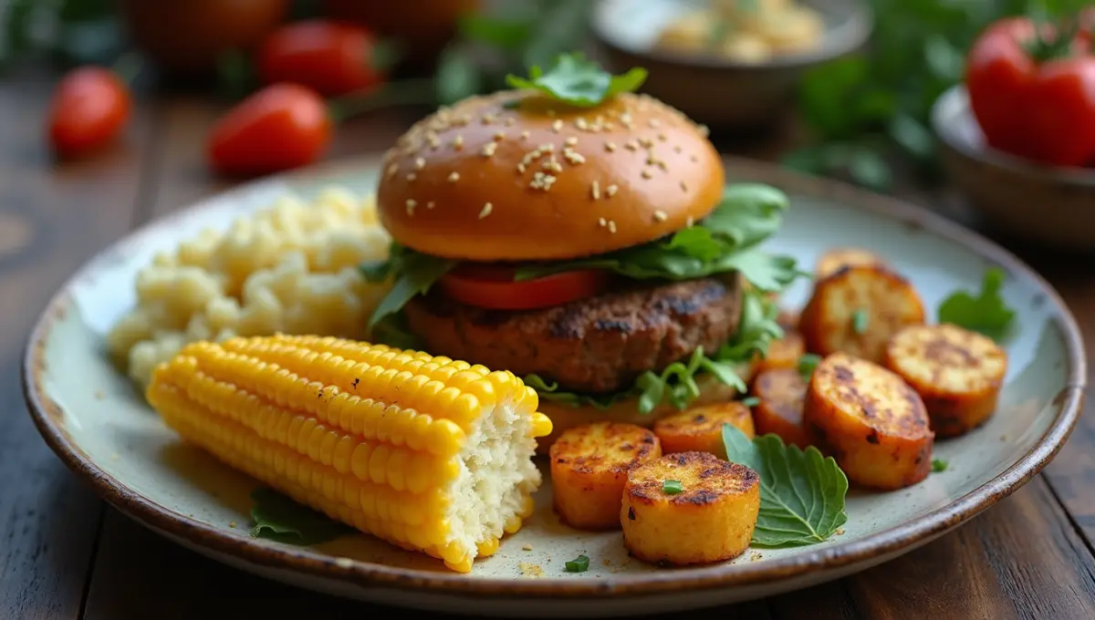 Fried Corn served with vegan burger and dairy-free mashed potatoes