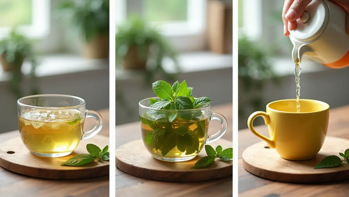Lemon balm tea preparation steps showing boiling, steeping, and serving in a cup