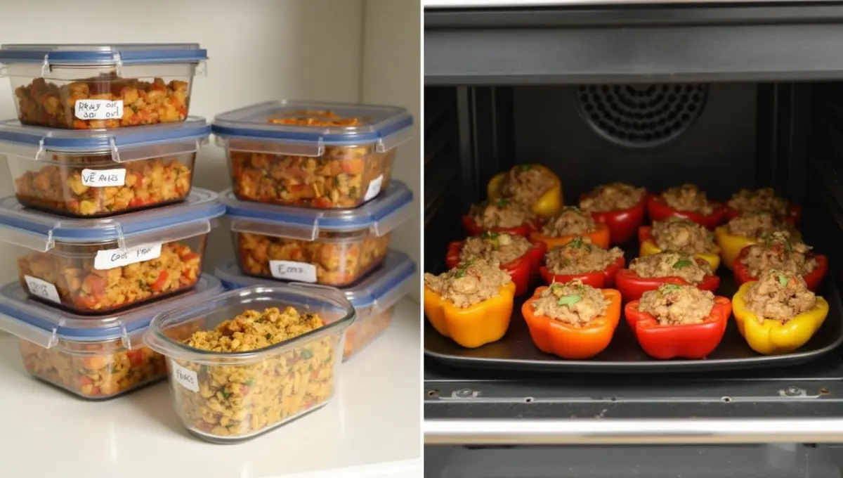 Leftover vegan Old Fashioned Stuffed Bell Peppers in glass containers, ready to reheat.