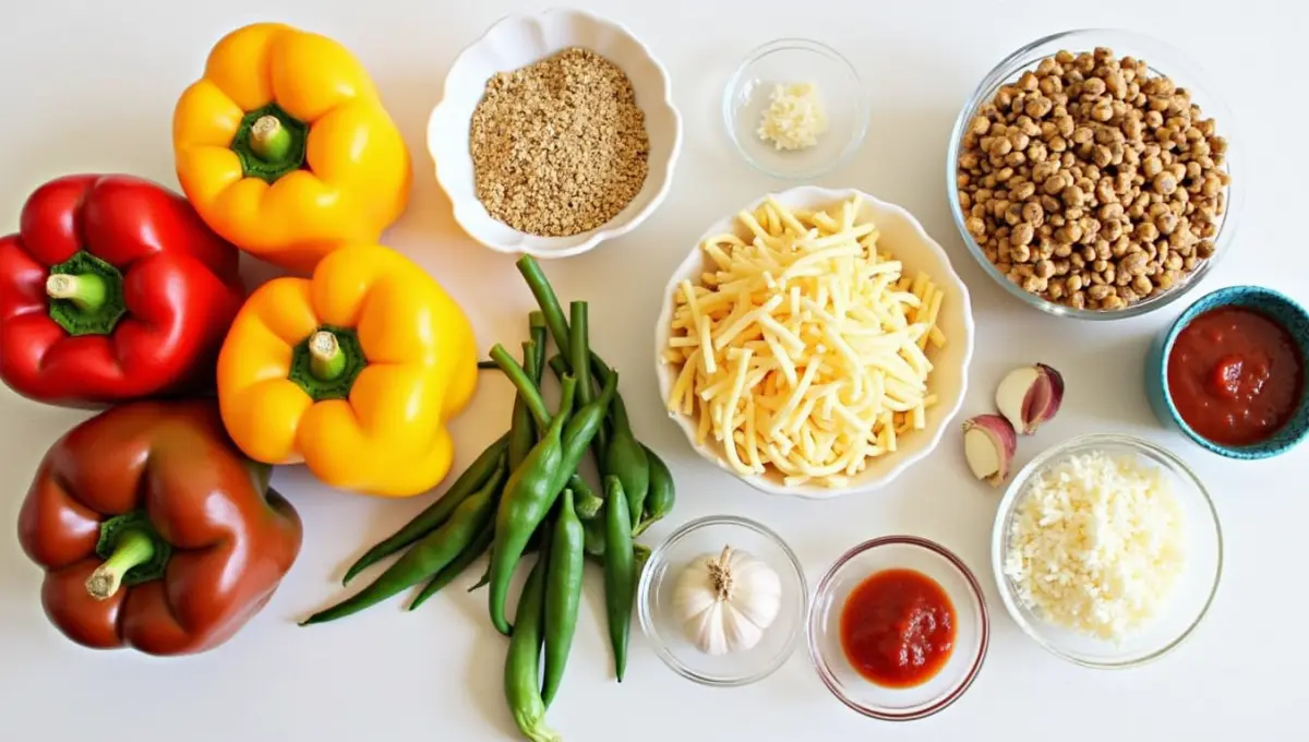 Fresh ingredients for vegan Old Fashioned Stuffed Bell Peppers, including quinoa, lentils, and bell peppers.