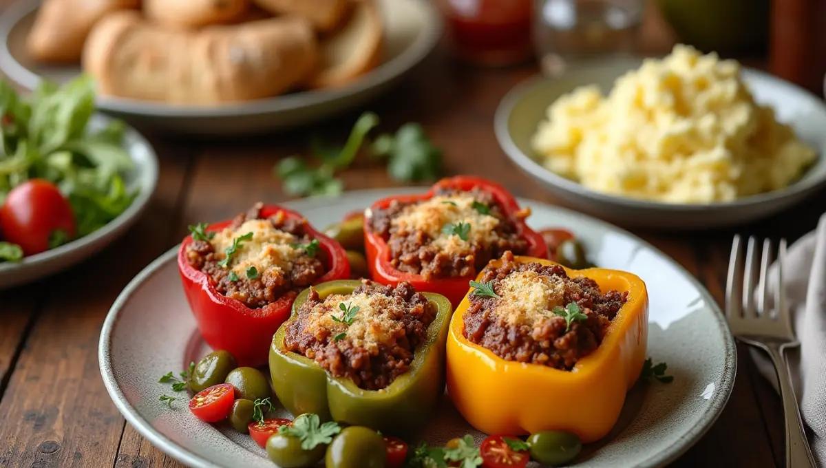 Vegan Old Fashioned Stuffed Bell Peppers served with a side salad, mashed potatoes, and crusty bread.