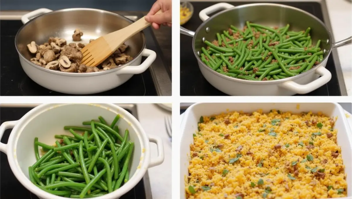 Preparing healthy vegan Campbell Soup Green Bean Casserole in the kitchen.