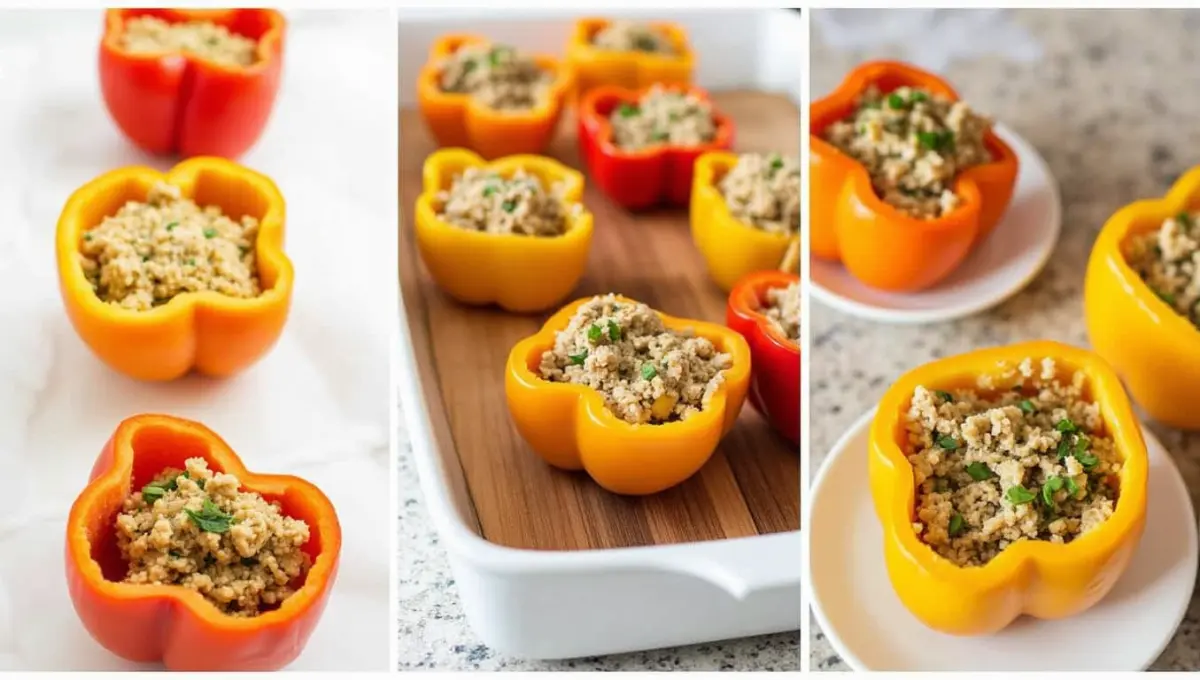 Step-by-step images of making vegan Old Fashioned Stuffed Bell Peppers.