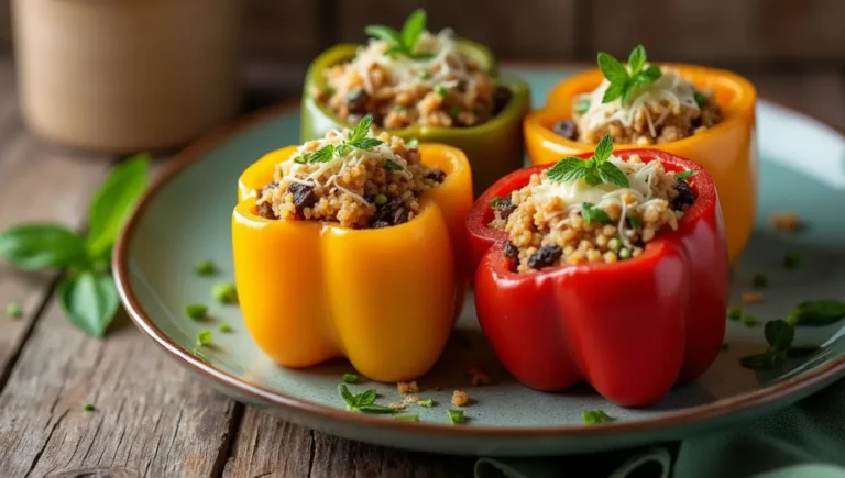 Vegan Old Fashioned Stuffed Bell Peppers with quinoa, lentils, and melted vegan cheese.