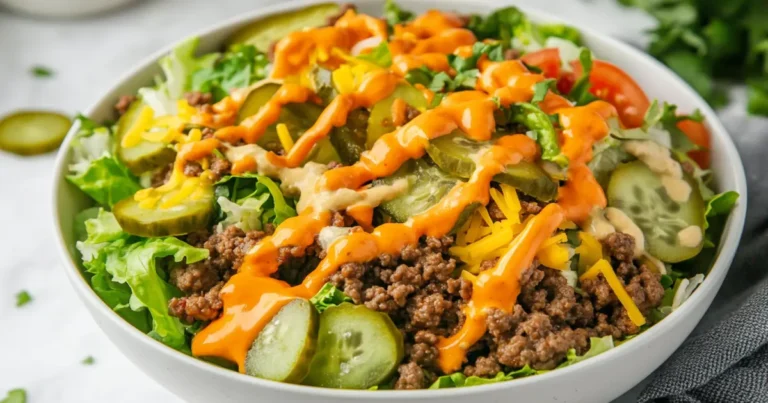 Big Mac Salad with ground beef, cheese, pickles, and sauce in a bowl.