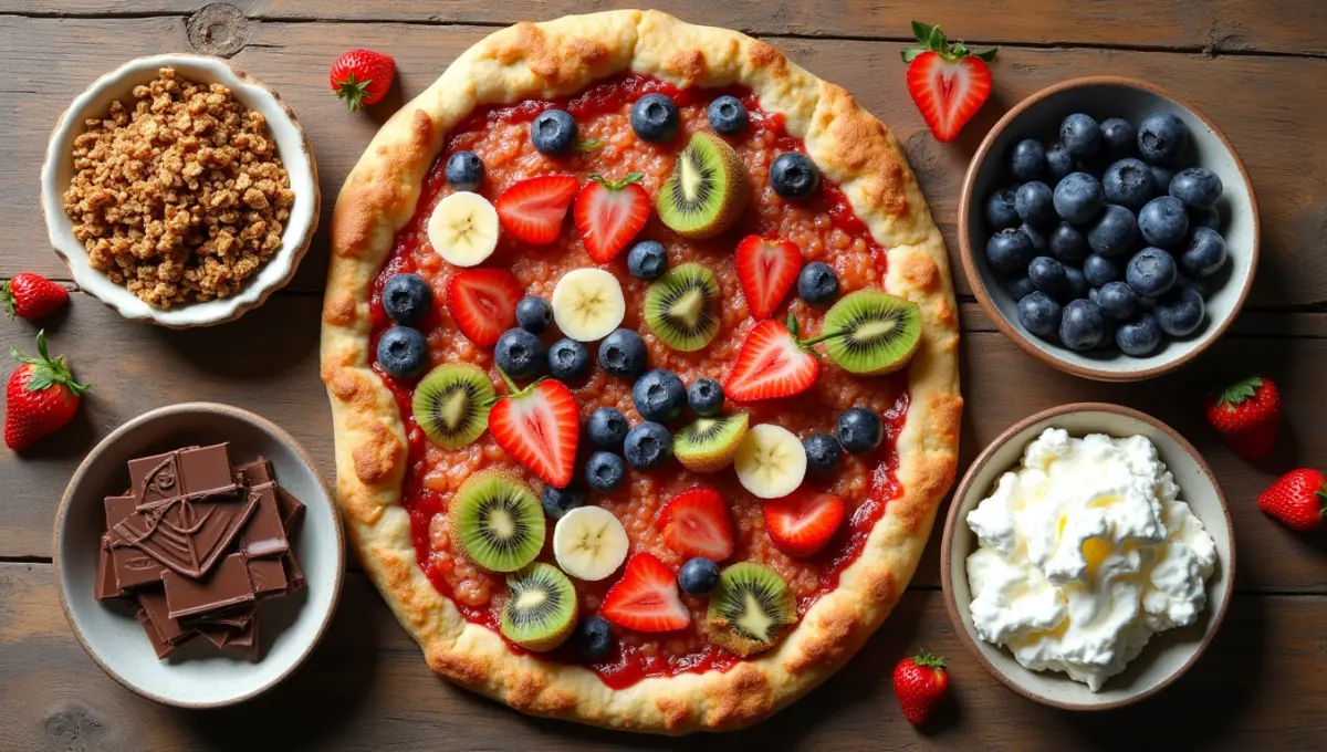 Vegan dessert pizza toppings: fresh fruit, vegan chocolate, and coconut whipped cream
