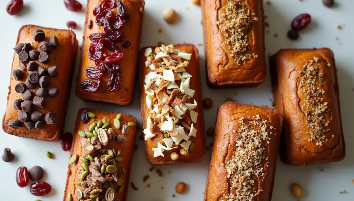 Seven variations of plant-based Date Nut Bread with different mix-ins and toppings