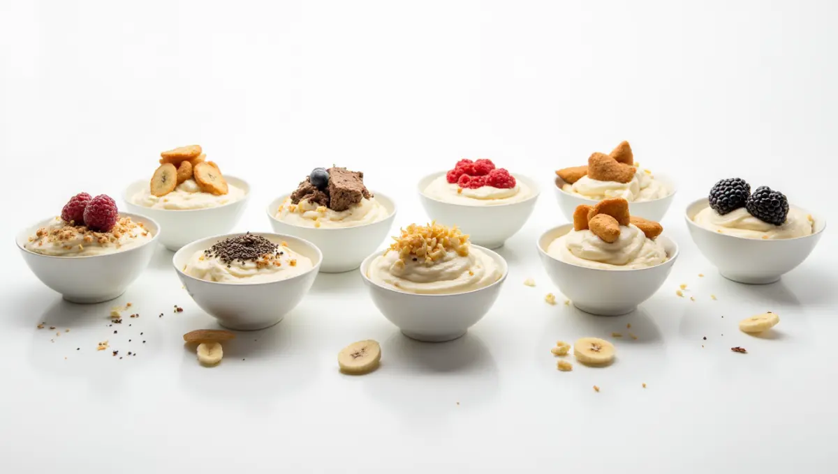 Seven unique dairy-free banana pudding recipes in small bowls with creative toppings